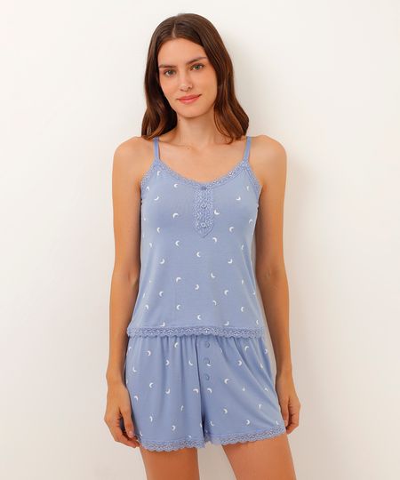 regata de pijama viscose com botões e renda lua azul PP