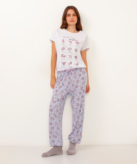 pijama de algodão longo signos branco M