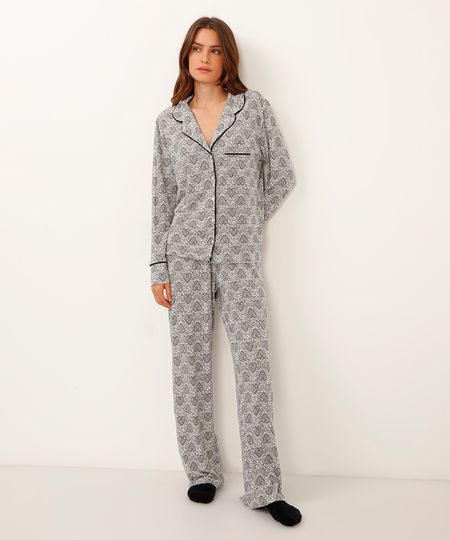 pijama americano longo coração boho off white P