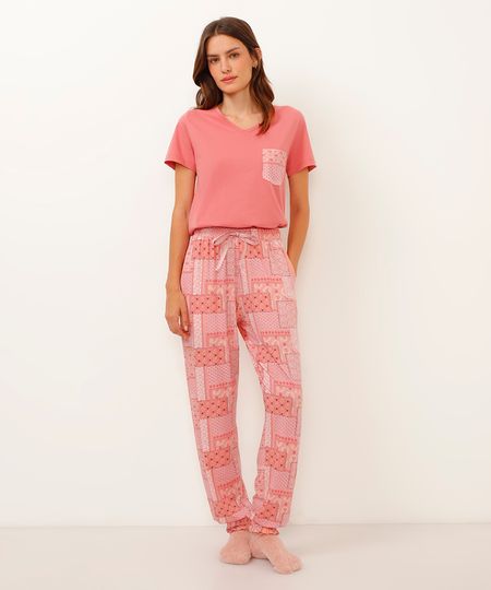 pijama de algodão longo paisley rosa P