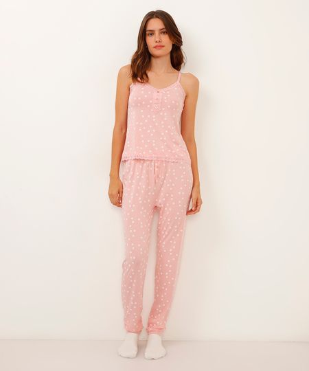 calça de pijama reta com botão floral rosa P