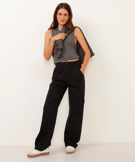 calça wide leg cargo de sarja cintura alta preta 34