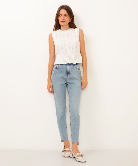 calça jeans skinny cintura super alta barra assimétrica azul 34