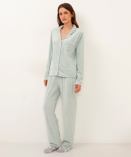 pijama americano em plush manga longa verde claro PP