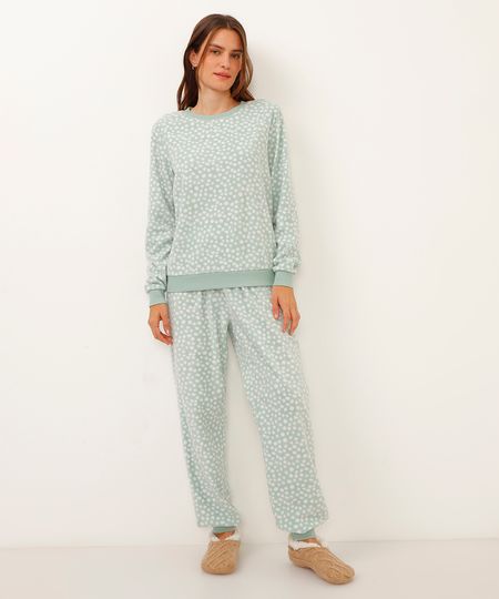 pijama de fleece poá manga longa verde claro PP