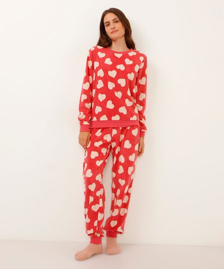 pijama de fleece corações manga longa rosê M