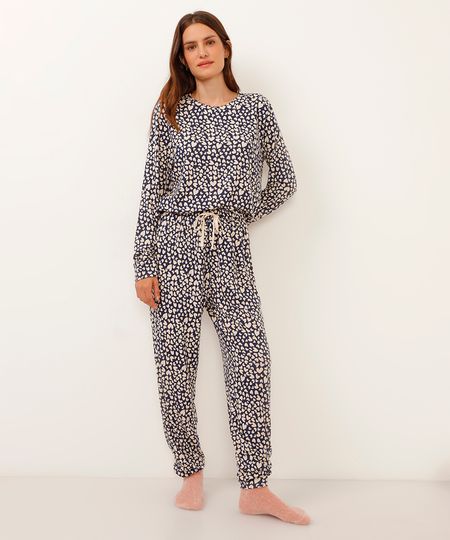 pijama longo mini corações azul PP