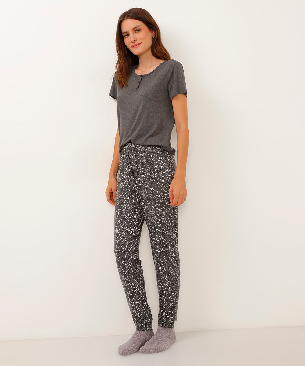 calça pijama de viscose poá cinza
