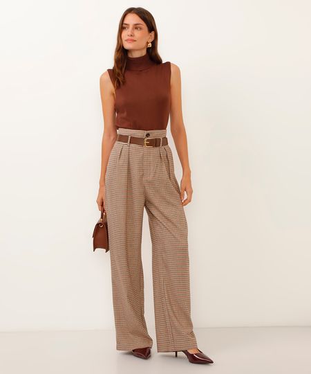 calça pantalona pied poule cintura alta com cinto marrom 36 calça pantalona pied poule cintura alta com cinto marrom 36