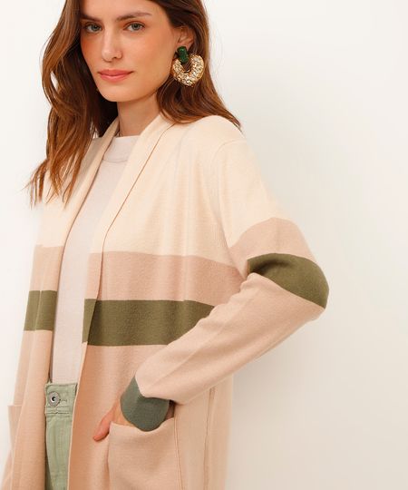 capa de tricot listrado com bolsos bege PP
