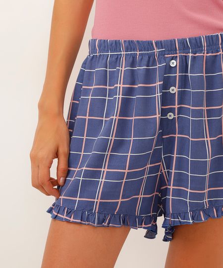 short de pijama viscose com babados xadrez azul marinho GG