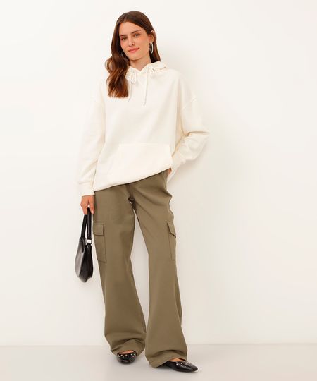 calça de sarja wide leg slim cargo cintura alta verde militar 46