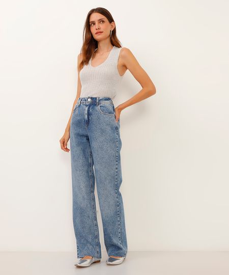 calça jeans wide leg slim com brilho cintura super alta azul 38