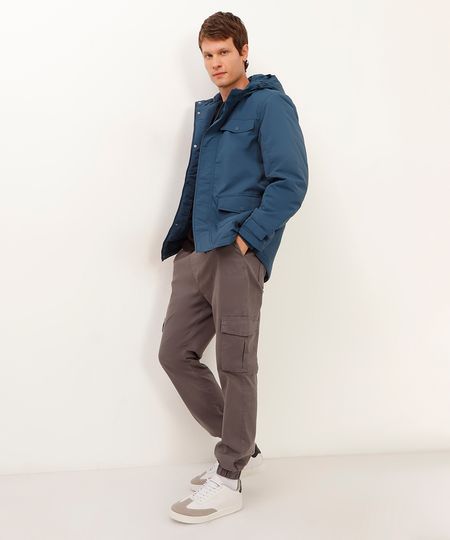 calça jogger cargo de sarja com cordão preta - cinza médio 36