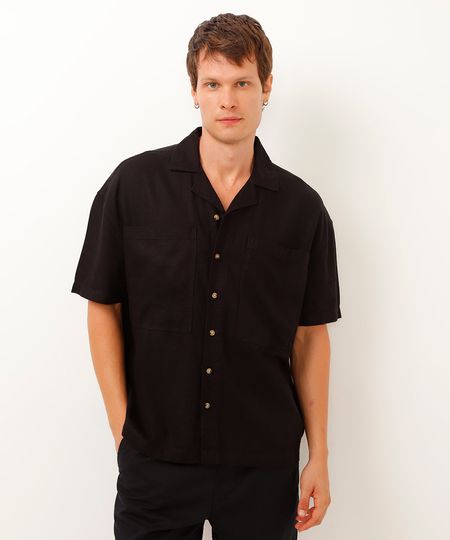 camisa com linho manga curta preta P