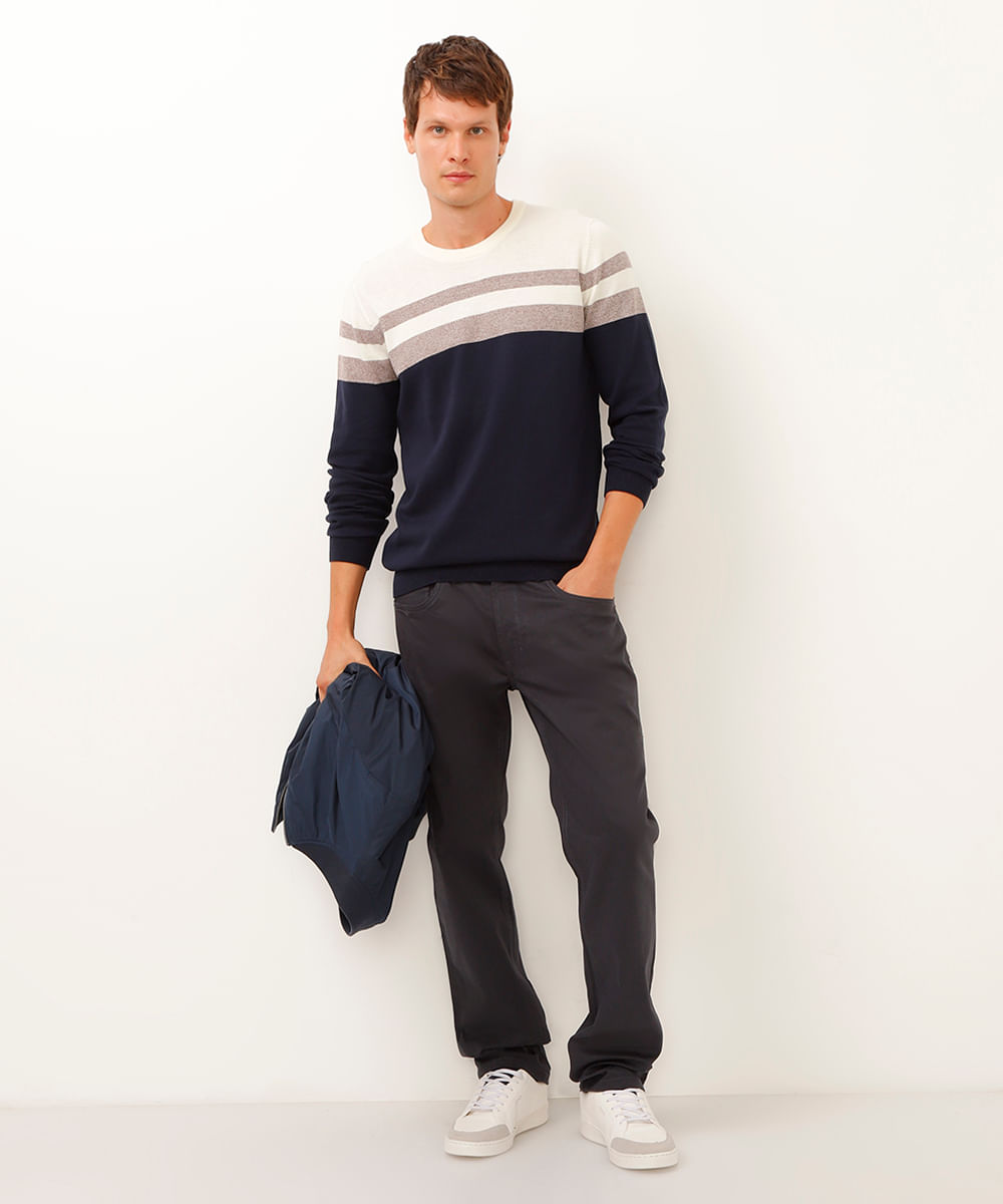 calça de sarja comfort reta azul marinho