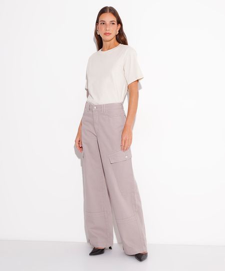 calça cargo de sarja cintura alta mindset cinza claro 34