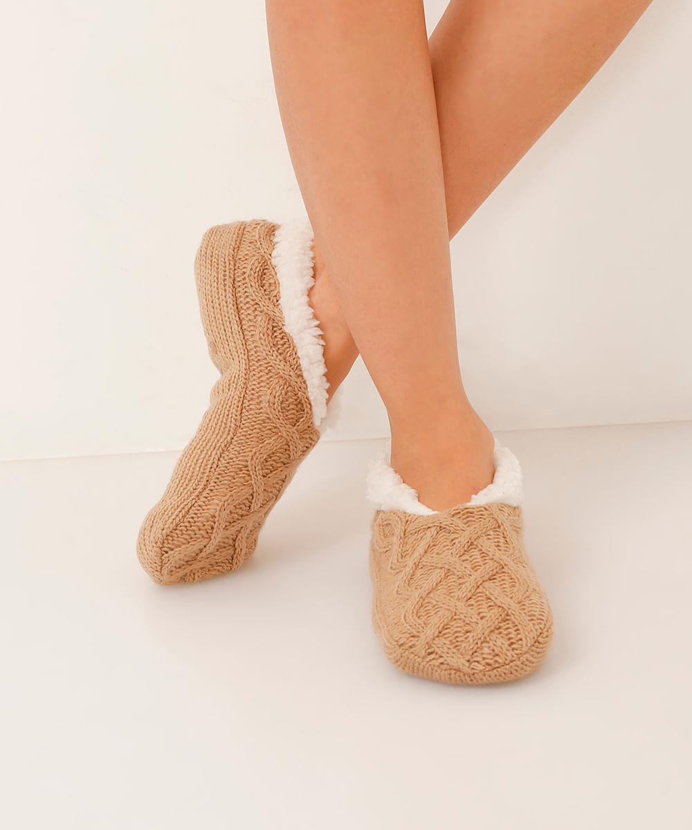 meia de tricot com com forro e antiderrapante bege