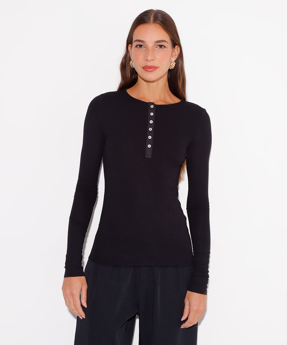 blusa de viscose decote com botões mindset preto