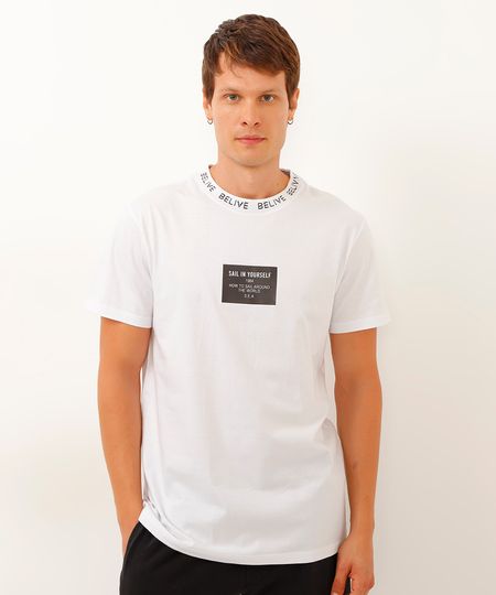 erro de grafia na peça - camiseta alongada de algodão believe branco P erro de grafia na peça - camiseta alongada de algodão believe branco P