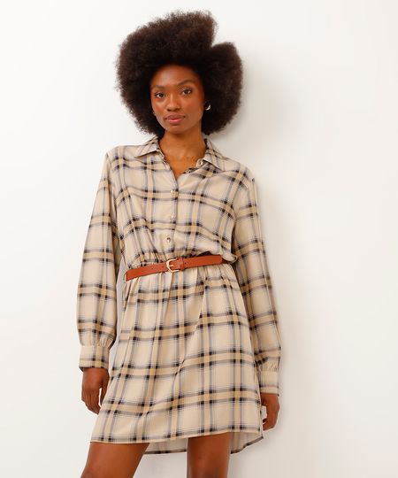vestido xadrez curto com cinto bege PP vestido xadrez curto com cinto bege PP