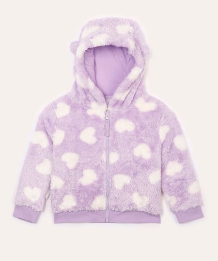 jaqueta de pelúcia infantil corações com capuz  lilás 1