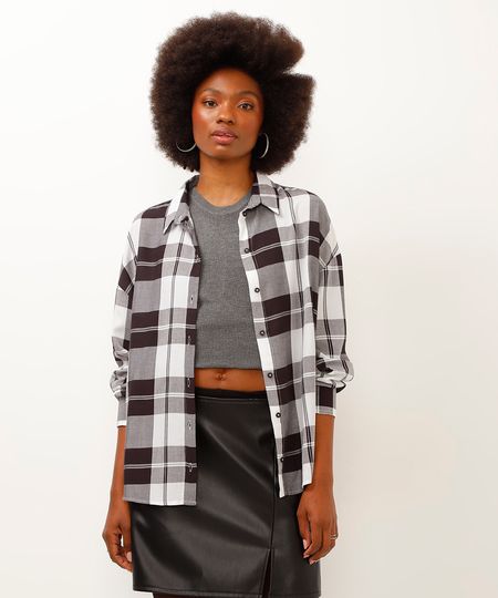 camisa xadrez de viscose manga longa  off white P