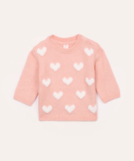 suéter de tricot infantil corações rosa 3-6