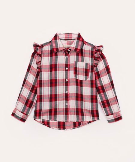 camisa de algodão infantil xadrez com babado vermelho 1