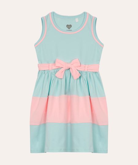 vestido de algodão infantil com recorte e laço azul 2