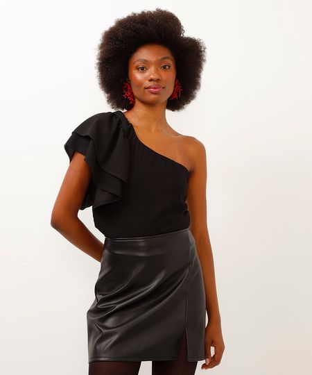 blusa ombro único com babados e textura preto PP blusa ombro único com babados e textura preto PP