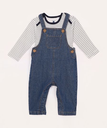 jardineira jeans infantil com camiseta azul marinho 0-3
