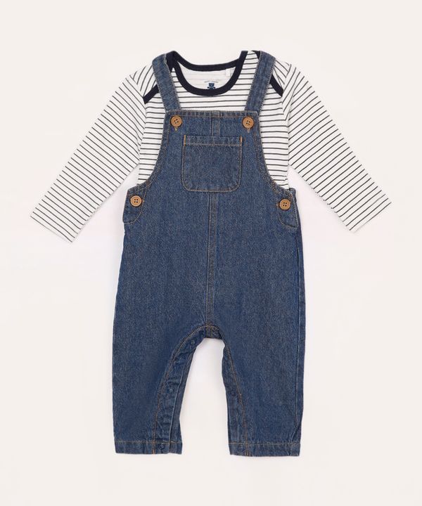 jardineira jeans infantil com camiseta azul marinho 9-12