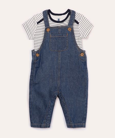 jardineira jeans com camiseta listrada infantil azul marinho 6-9