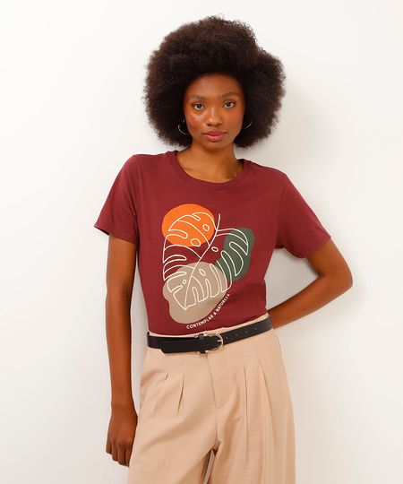 camiseta de algodão manga curta folhagem vinho G