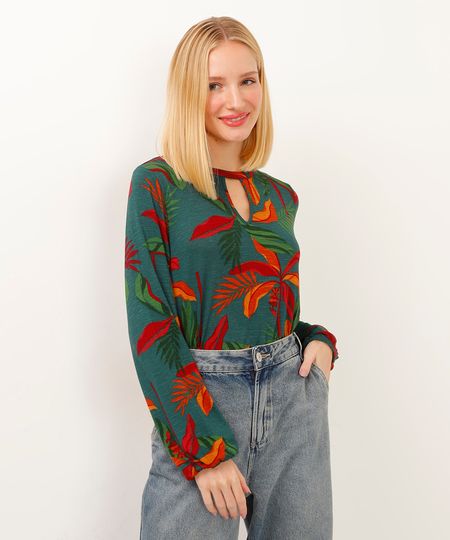 blusa de viscose manga longa folhagem verde P