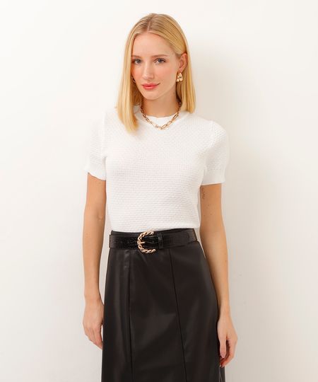 blusa de tricot manga curta texturizada off white P