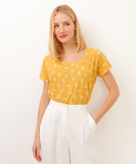 camiseta de algodão manga curta folhagem amarelo M