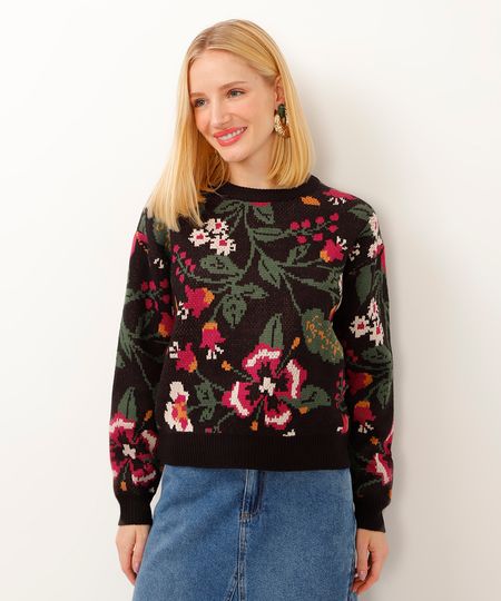 suéter de tricot jacquard floral preto P
