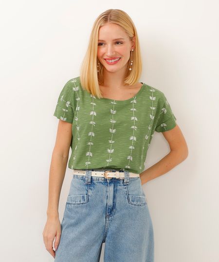 camiseta de algodão folhagem verde PP camiseta de algodão folhagem verde PP