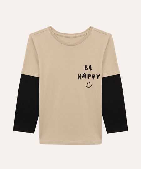 camiseta de algodão infantil sobreposição be happy bege 1