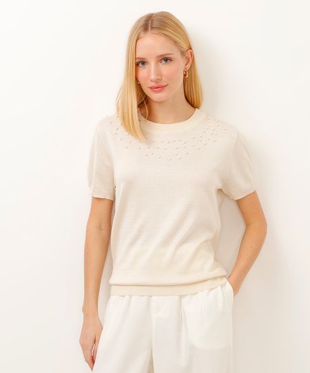 blusa de tricot manga curta com pérolas bege M blusa de tricot manga curta com pérolas bege M