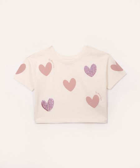 blusa de algodão infantil corações de paetê off white 6