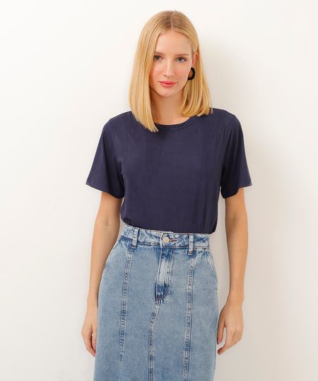 blusa de suede manga curta azul marinho M