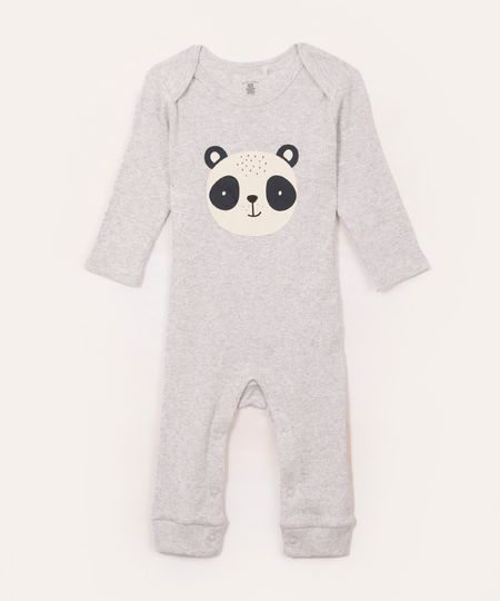 body de algodão longo infantil panda cinza 0-3