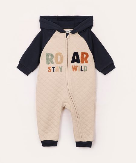 body longo com capuz infantil texturizado bege 3-6