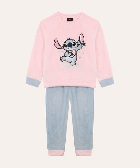 pijama de pelúcia longo infantil stitch com brilho rosa 4