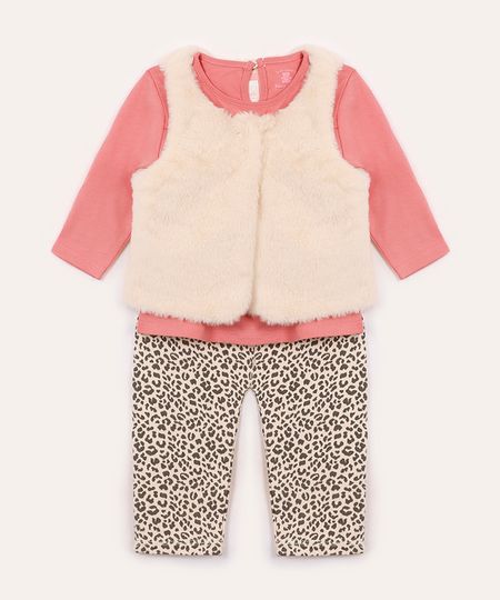 conjunto longo com colete infantil animal print rosa 9-12