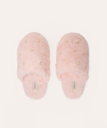 pantufa de pelúcia com pérolas rosa M pantufa de pelúcia com pérolas rosa M