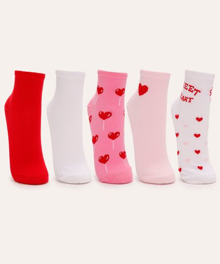 kit de 5 pares meias cano médio corações colorido 34-39